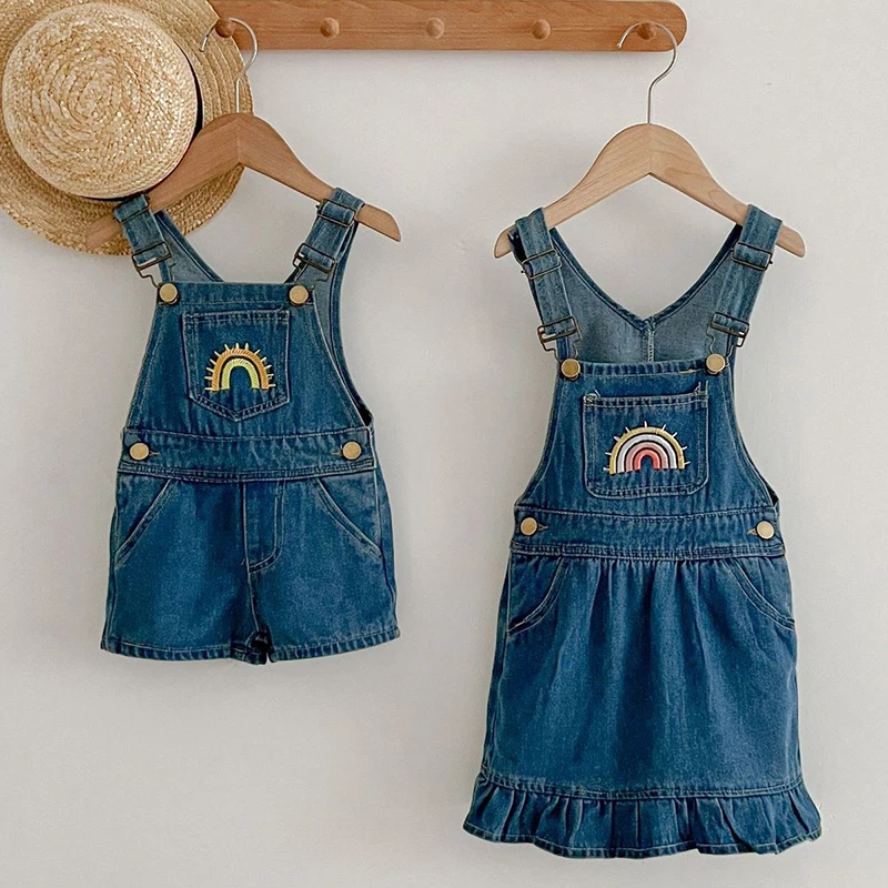 Family Clothing Summer Denim Set Boys Embroidered Rainbow Baby Romper Girls Dresses Sibling Outfits Casual Dresses Girls Romper