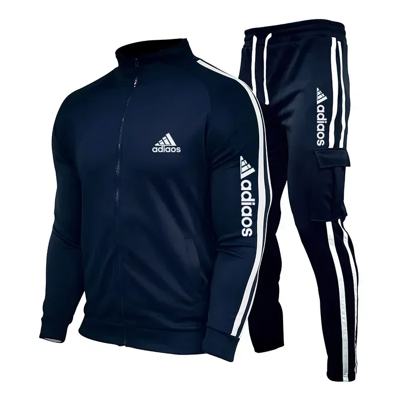 2024 New Men\'s Tracksuit Set Zipper Collar Sweatshirt and Sweatpants Sports Suit Running Fitness Clothing