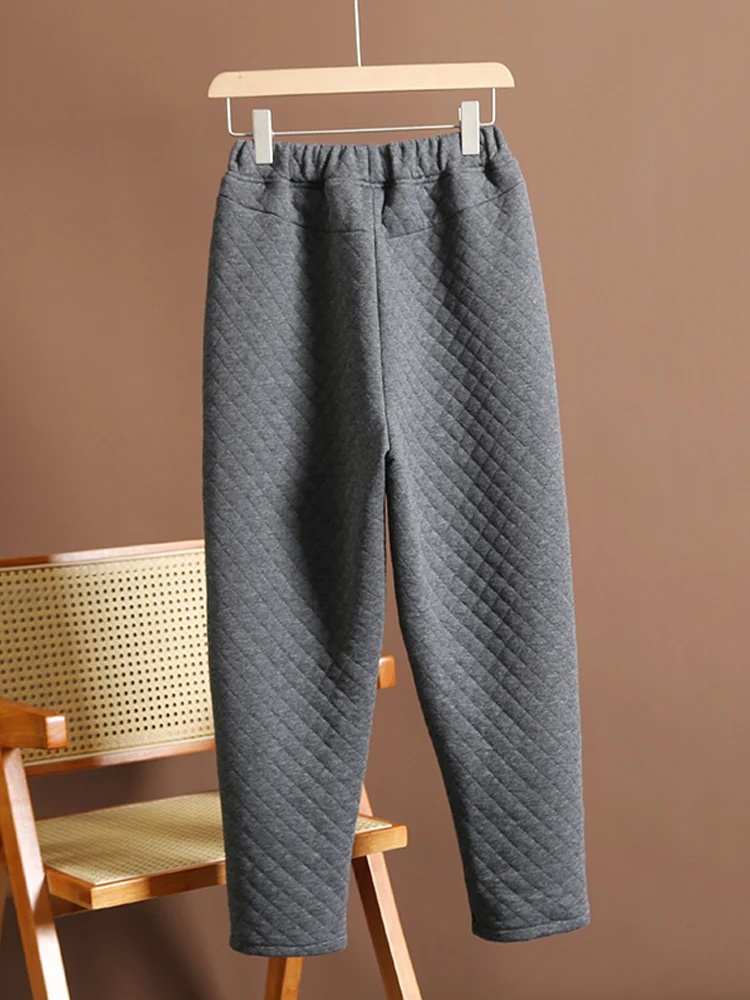 2024 New Winter Vintage Plaid Cotton-Padded Trousers Thick Warm Plus Velvet Harem Pants Casual Loose Wide Leg Pants Pantalones