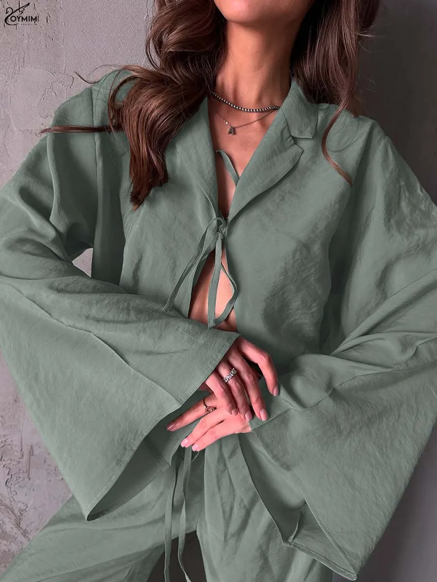 Oymimi أنيقة خضراء فضفاضة 2 قطعة مجموعات امرأة الزي موضة كم طويل الدانتيل متابعة القمصان والرباط مستقيم بنطلون مجموعات