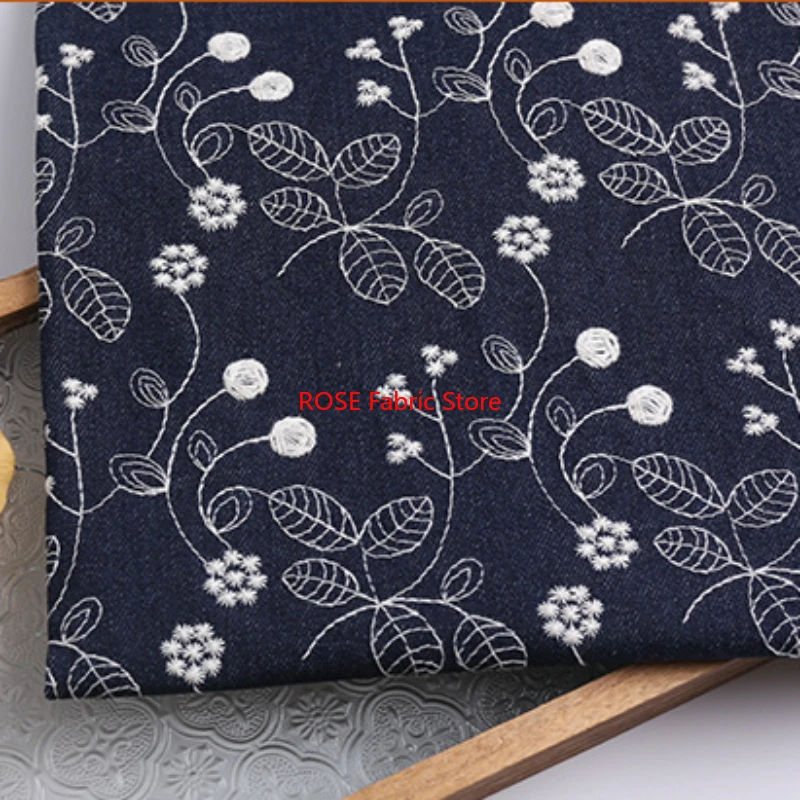 Floral Embroidery Denim Fabric for tops, table cover, costumes design,Fashion Sofa Cushion Decorative Japanese Style fabric