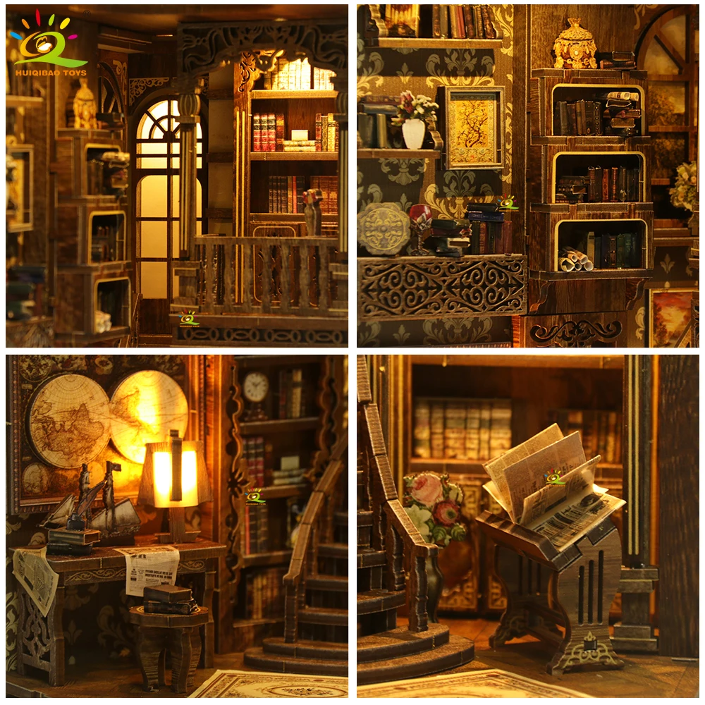 HUIQIBAO DIY Retro Bookstore Bookshelf Model 3D Wooden Puzzle Assemble Book Nook Shelf Miniature Building Kits Handmade Toys