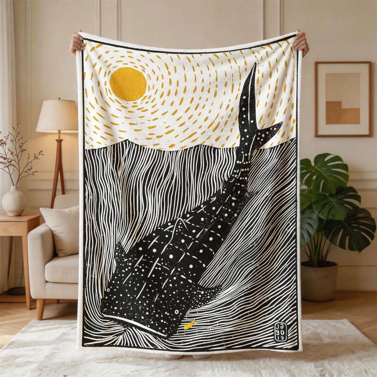 Linocut Whale Shark Flannel Blanket Black White Line Art Sun Ocean Print Throw Soft Warm Blanket Sofa Bedroom Home Room Decor