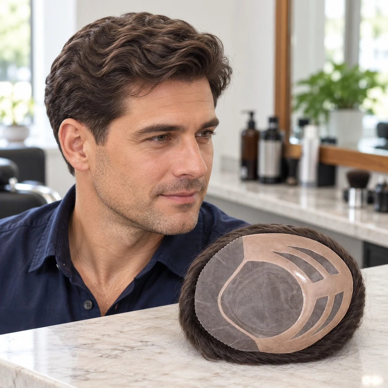 100% Human Hair Men's Hairpiece with Fine Mono filament Base and PU Borders 8x10 Inch Dark Brown Wavy PU Front Toupee for Men 2#