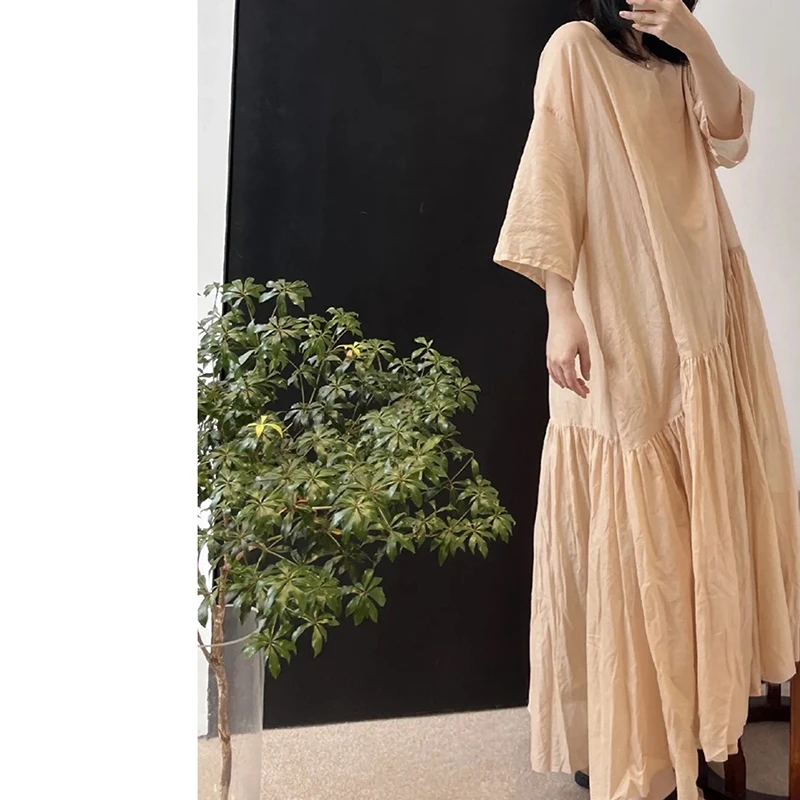 

2025 New Arrival Summer Beach Style Loose Casual Short Sleeve Patchwork Women Dresses Good Quality Ramie Ankle-length Dress Y134