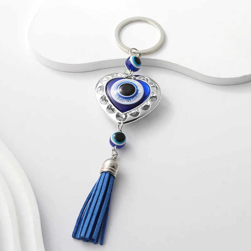 Heart Keychains Blue Evil Eyes Religious Tassels Key Rings For Women Men Friendship Gift Handbag Decoration Jewelry