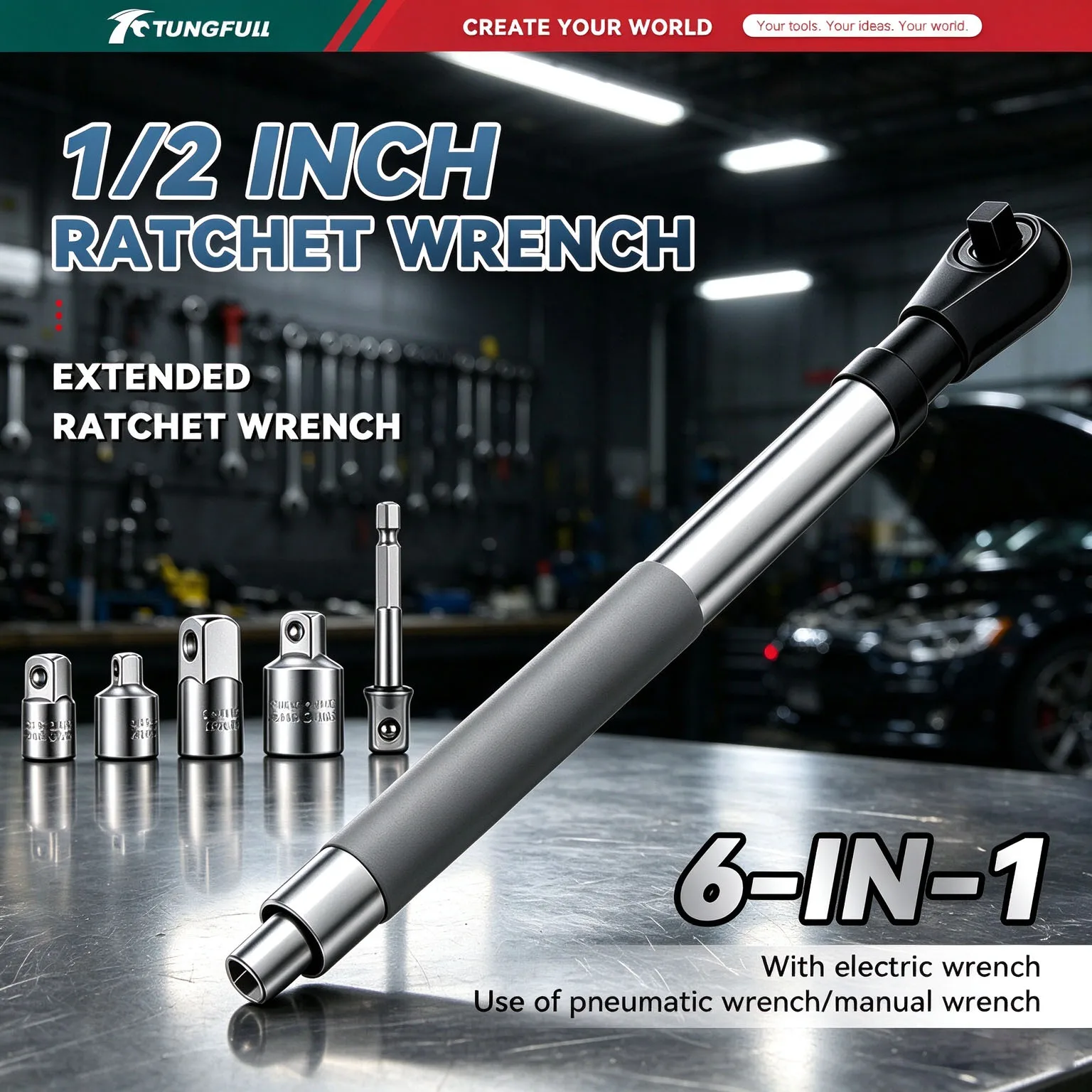 1/2 Inch Impact Wrench Extension Rod with 4 Conversion Adapters Auto Repair Socket Tool for Tight Small Working Spaces