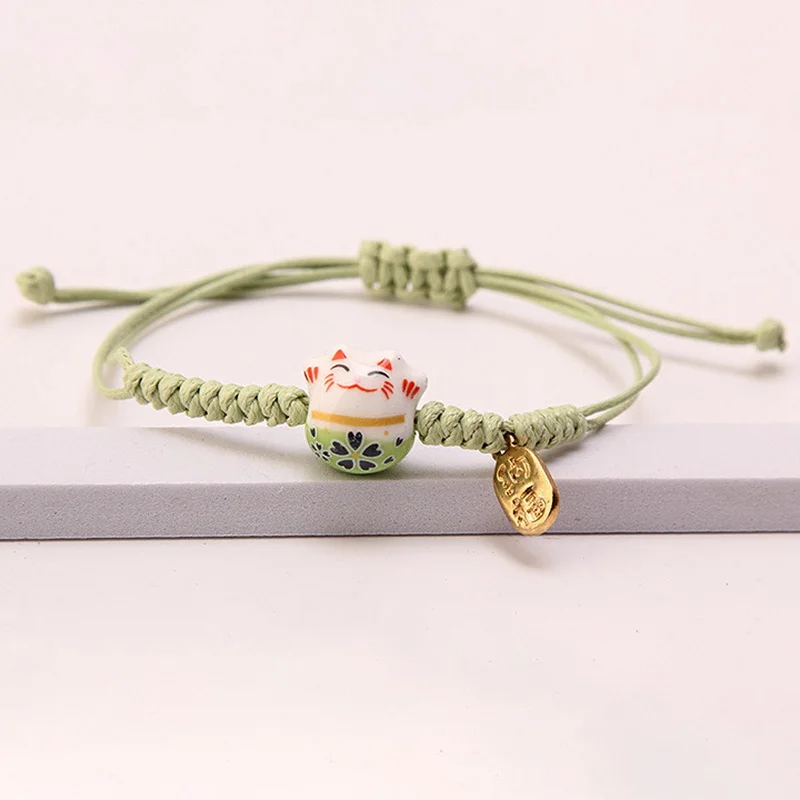 Hand-woven Simple Cute Ceramic Lucky Cat Bracelet for Women Men Classic Black Rope Braided Adjustable Bracelet Couple Jewelry