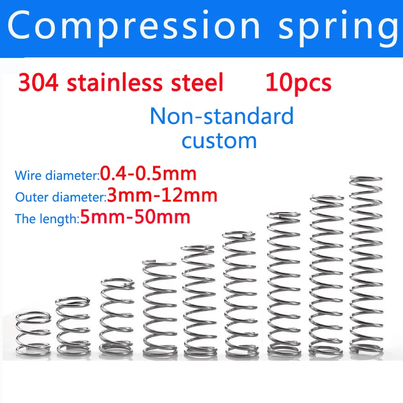 10pcs SS304 stainless steel compression spring thickness 0.4mm 0.5m Mini spring Household maintenance tools Hardware accessories