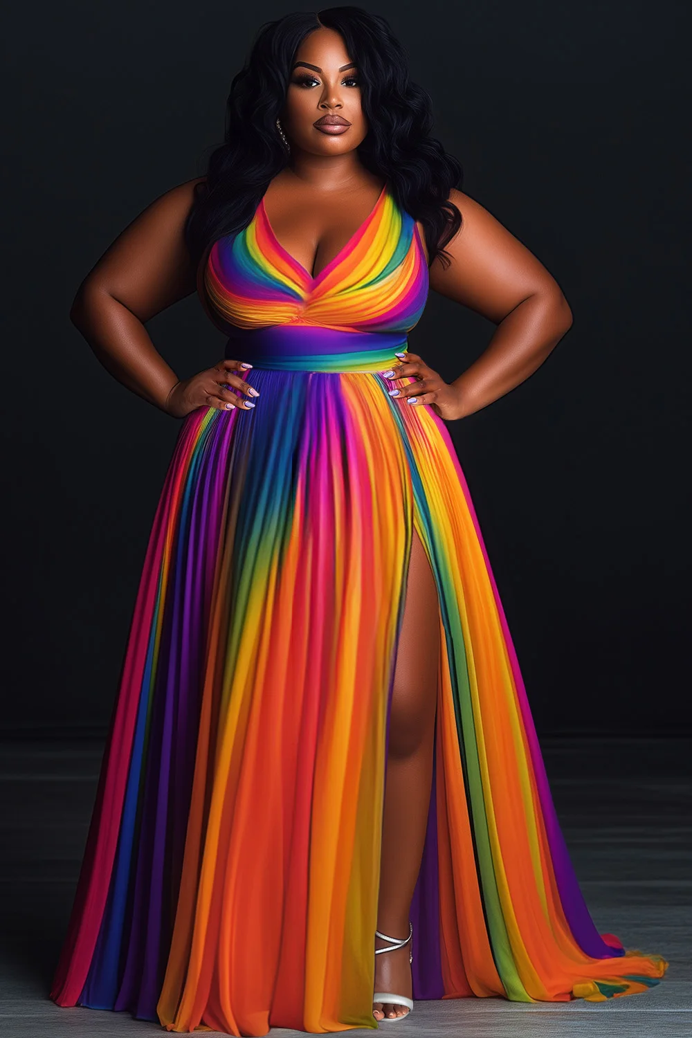 

Plus Size Formal Rainbow Sundress Gradient V Neck Split Maxi Dresses