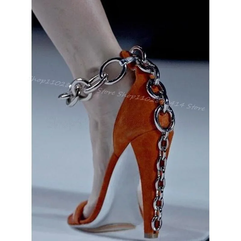 

Metal Chain Decor Orange Open Toe Sandals Buckle Strap Women Shoes Thin High Heels Party Feast Runway 2025 Zapatos Para Mujere