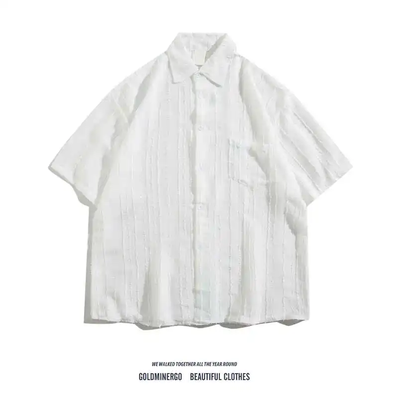 

Мужская летняя рубашка из ледяного шелка с вышивкой, однотонная, с коротким рукавом, отложным воротником и полосатым узором, молодежная модная модель