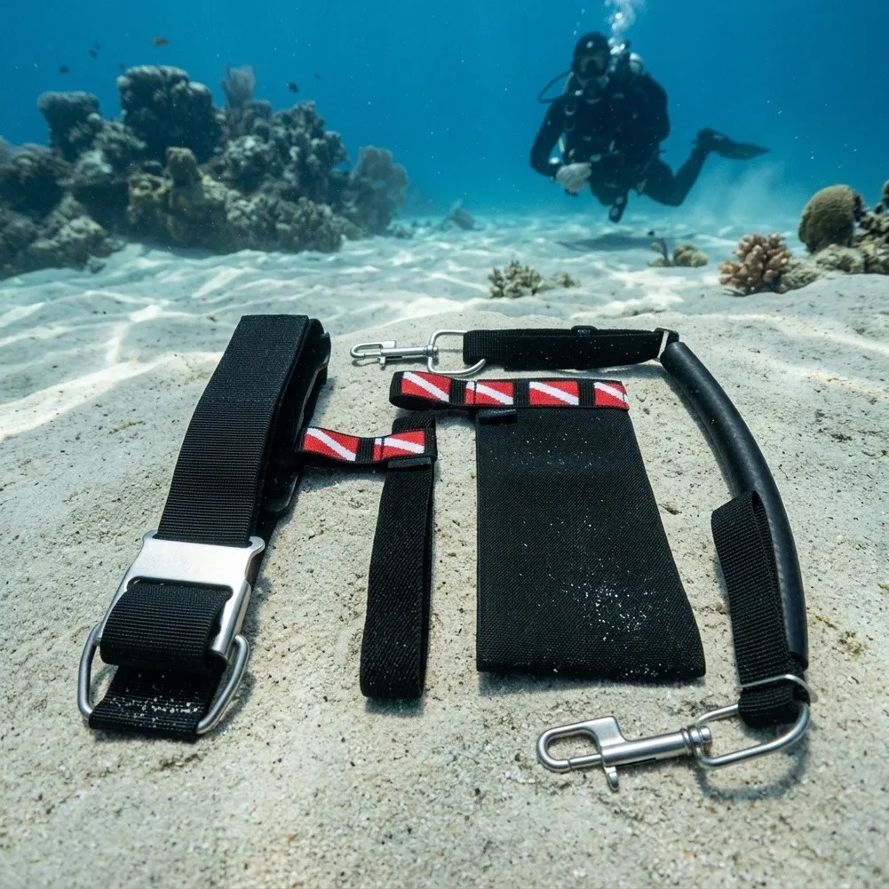 Scuba Sidemount Stage Kit with 316 SS Components and Elastic Straps Supporting 11 to 12 Liter Cylinder Applications