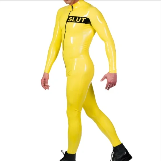 Christmas Fetish  Latex Gummi Catsuit Gelb Cosplay Sport Tight Sexy Overall Bodysuit S-XXL 0,4 mm