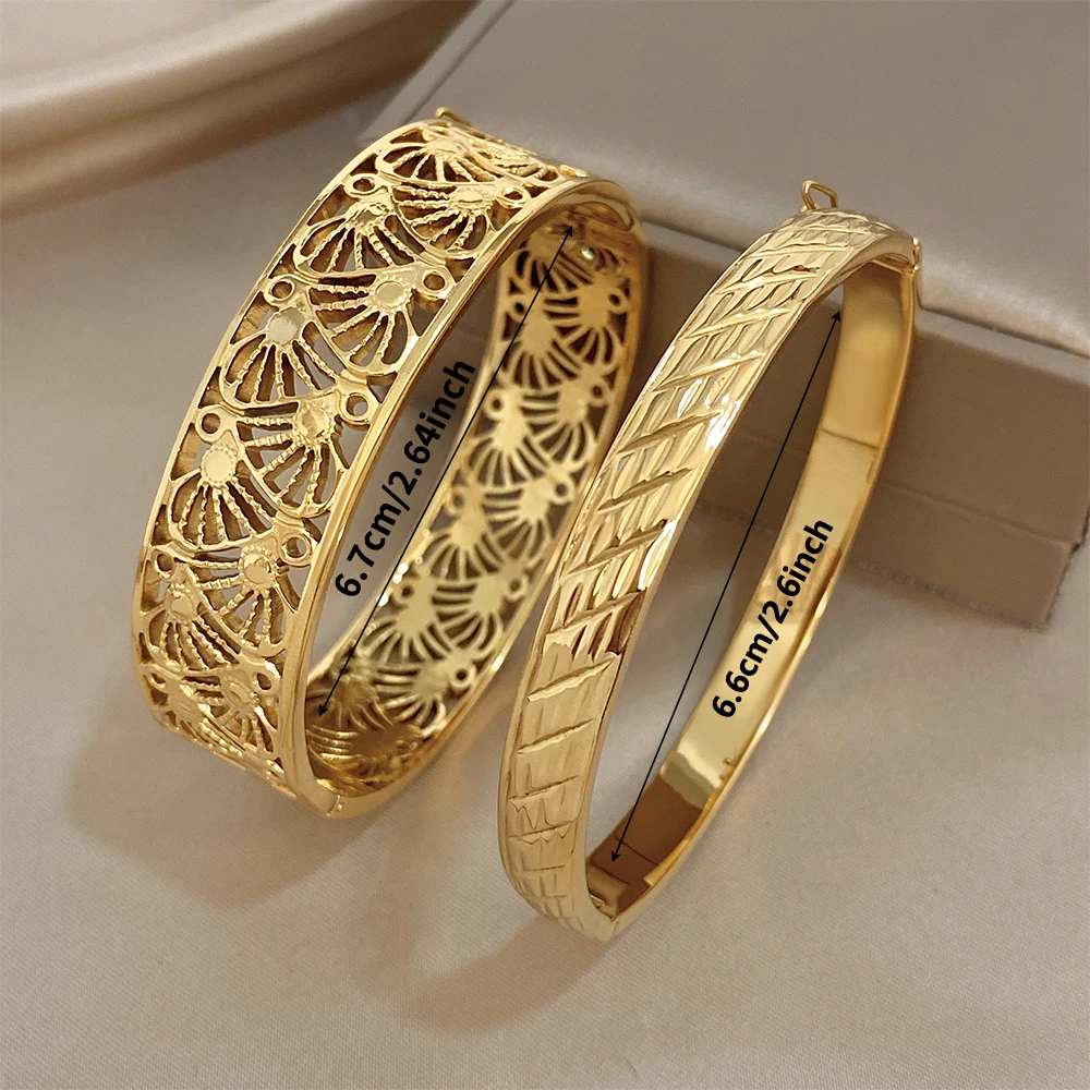 Vintage Hohlmuster Edelstahl-Armband für Damen, Diagonale Gravur, Goldfarben, Wasserdicht, Federarmreif, Zarter Damenschmuck – Detail 1