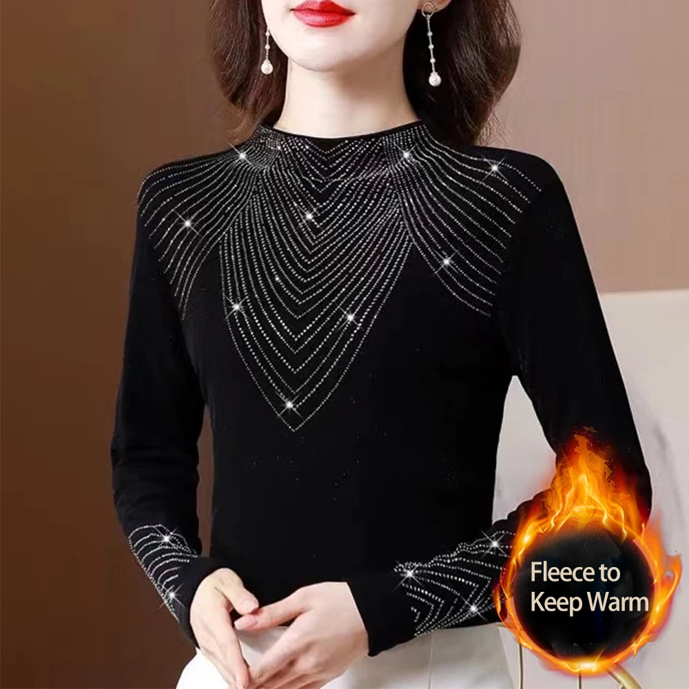 

Женское термобелье, пуловер с высоким воротником черного цвета и бриллиантами, элегантная нижняя одежда с длинными рукавами, теплые топы для женщин