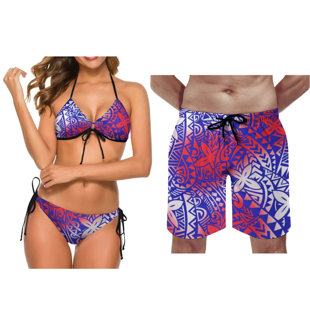 Imposta inclusa Cravatta stampata Colore Coppia Costume da bagno Modello personalizzato Surf Beach Coppia Surf Set Costume da bagno polinesiano Set da due pezzi