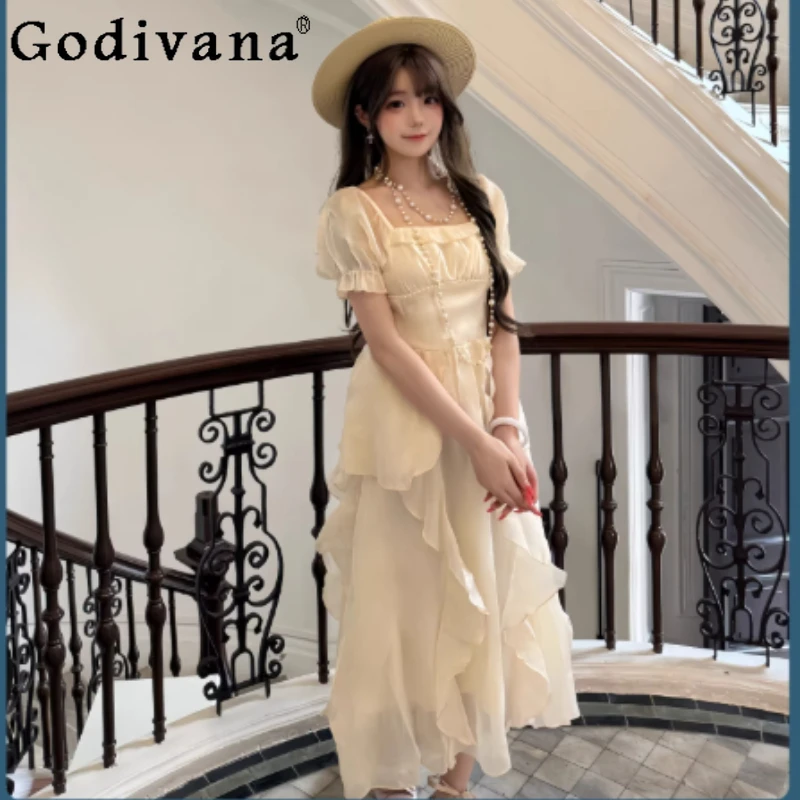 

Spring Summer French Elegant Female Long Square Collar Fairy Dress High Waist Temperament Short Sleeve Ruffles Princess Dresses