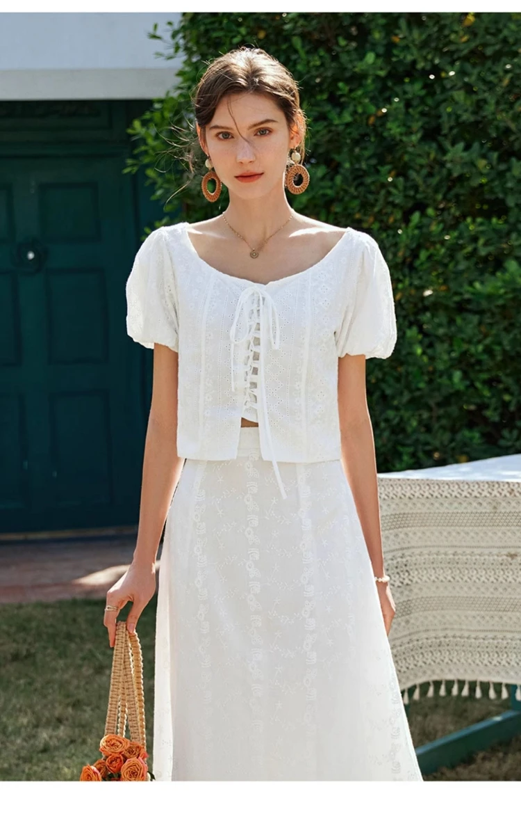 

OLrain Women's Summer Cotton White Blouse 2025 V-neck Embroidered Short Puff Sleeve Elegant Blouses Ladies Clothes O24XX85308