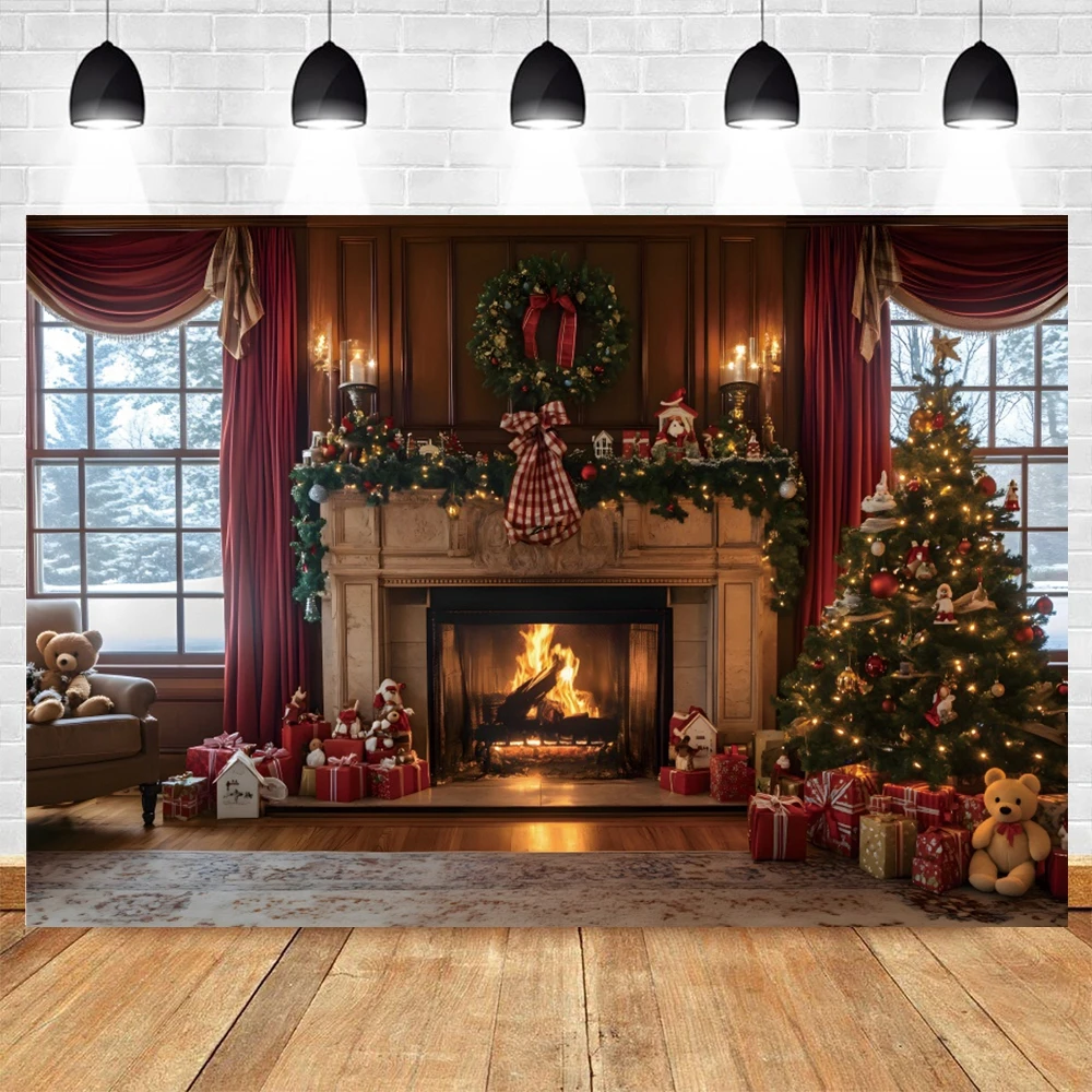 Christmas Fireplace Background Retro Red Window Curtain Xmas Tree Kids Family Portrait Photography Backdrops  Photozone Props