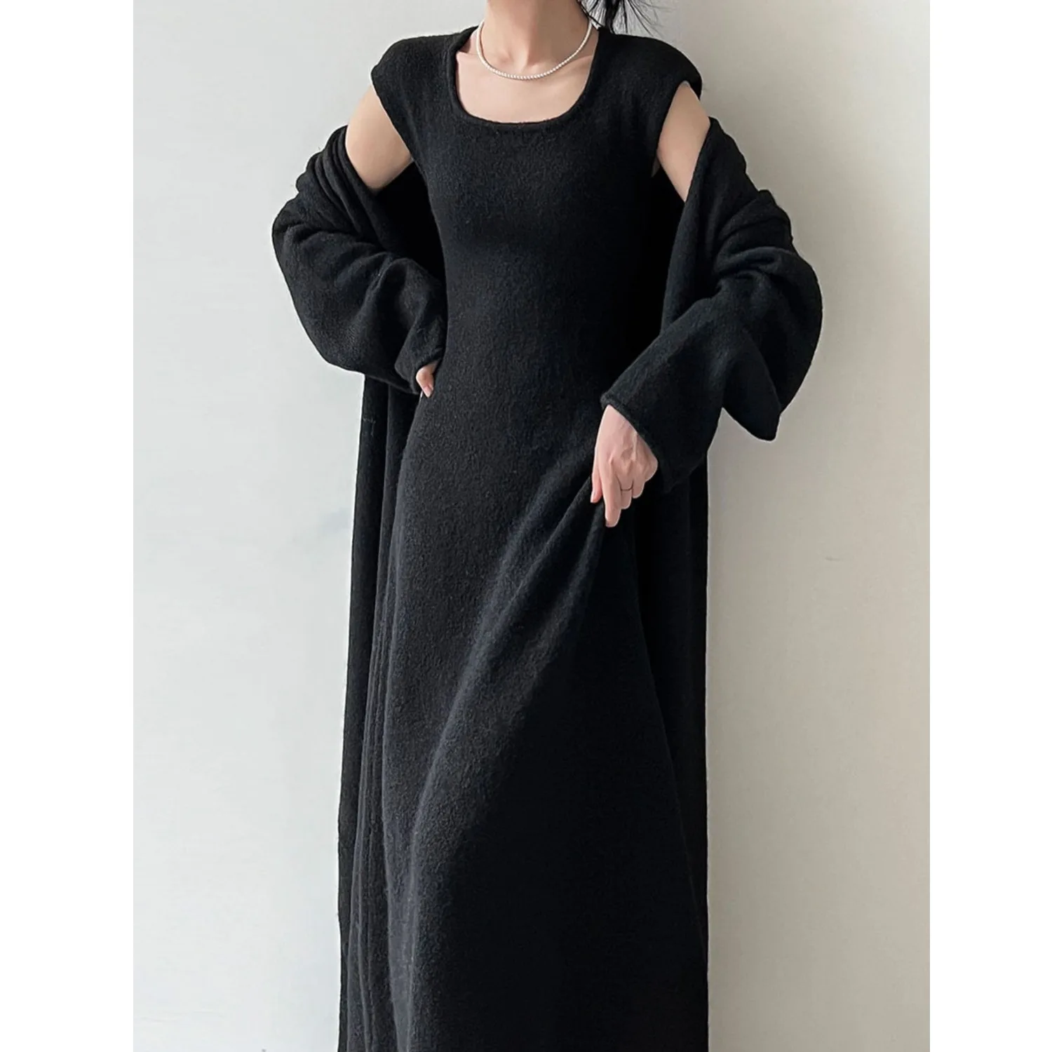 

Вязаный комплект с жилетом для женщин Ele, осенне-зимний модный длинный свек, открытый кардиган, костюм из двух предметов