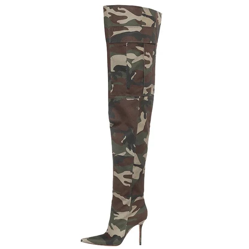 Cool Pointed Big Tube Zipper Camouflage Over Knee Boots Fashion Thin High Heels Catwalk High Boots Sexy Women's Boots 35&45