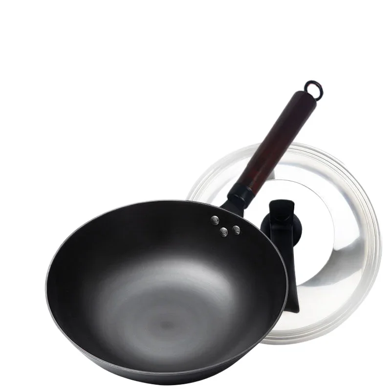 32cm Wok Pan,Woks & Black Carbon Steel Stir Fry Pans,Gas,Cooktop,Nitriding Kitchen Cooking Pot,Round Bottom Chinese Wok