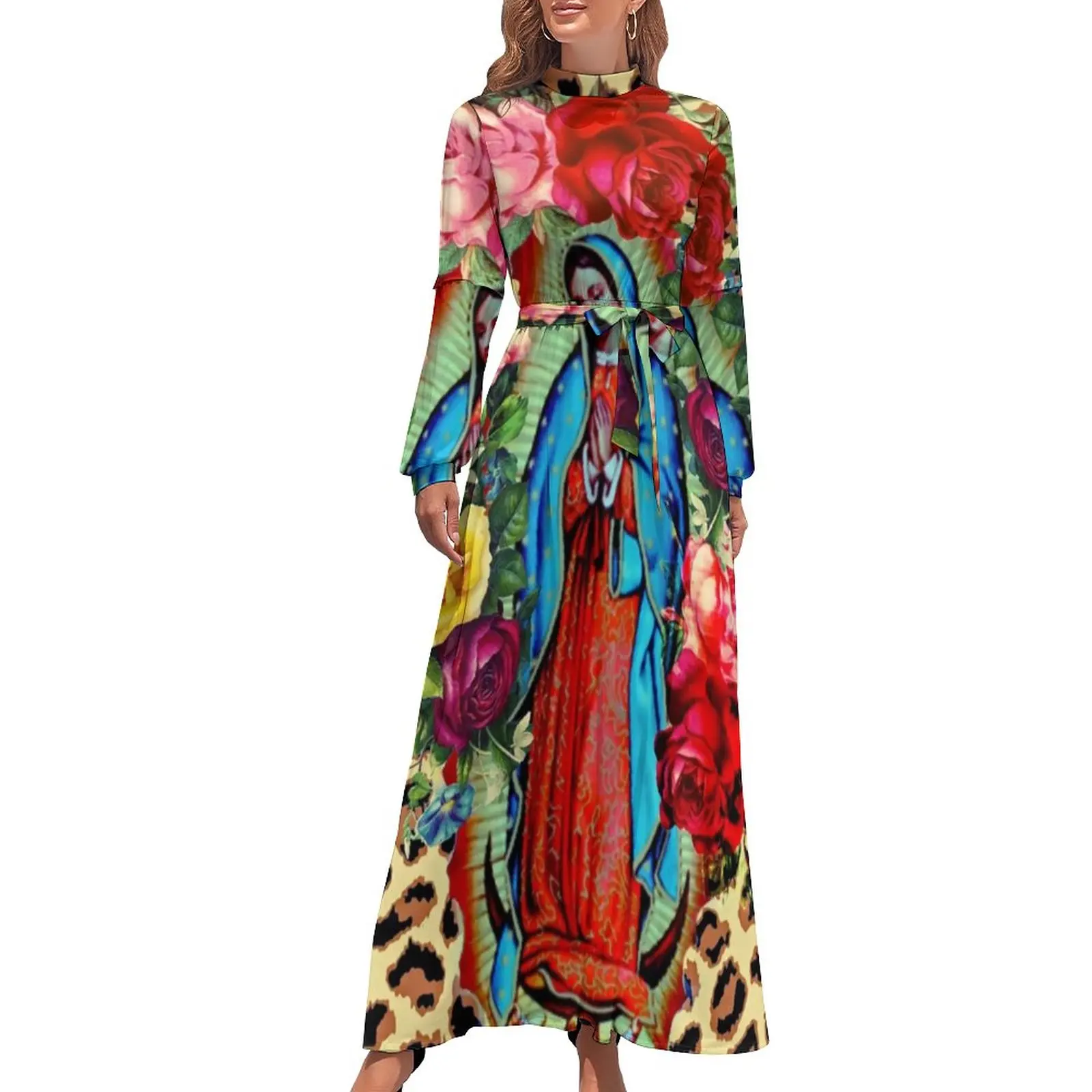 Vestido de la Virgen María de Guadalupe, de cintura alta, estampado Floral, bohemio, para playa, manga larga, moda urbana, Maxi, Sexy