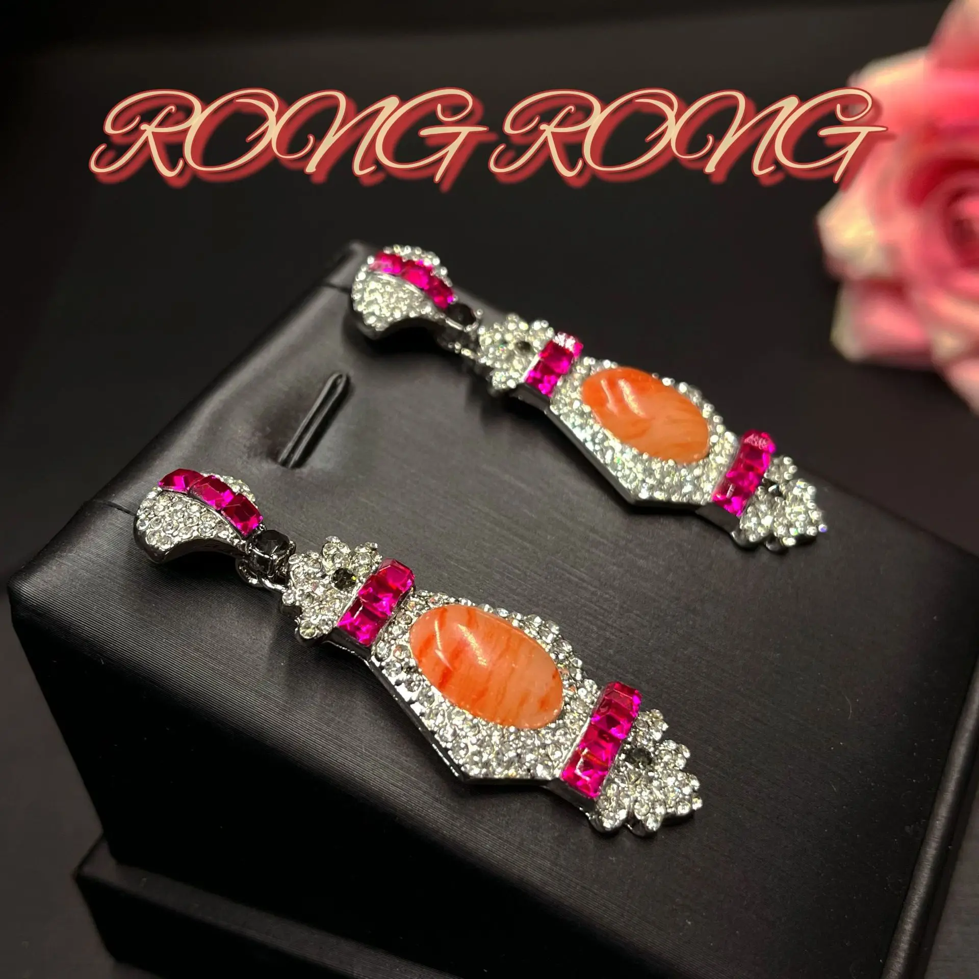 Medieval Heavy Industry Full Diamond Imitation Chalcedony Agate Earrings High-end Niche Design Light Luxury Retro Earrings