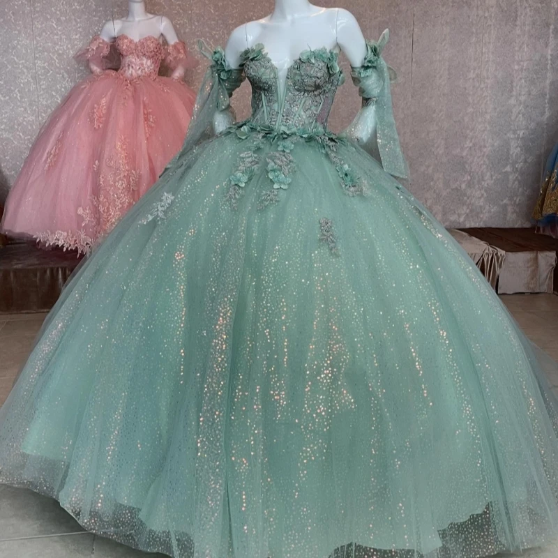 

Mint Green Princess Quinceanera Dresses Off Shoulder Applique Lace Beading Crystal Tull Sweet 16 Dress Ball Gown Vestidos 15