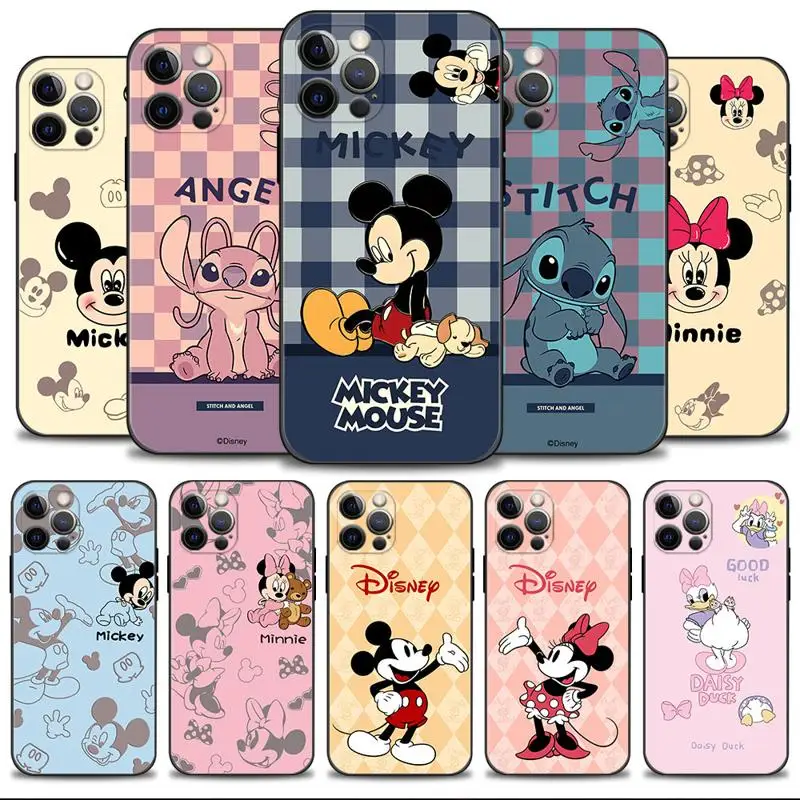 Disney Stitch Mickey Minnie Checkered Phone Case For Apple iPhone 15 11 14 13 12 Pro Max 13 12 Mini XS XR X Silicone Cover Funda