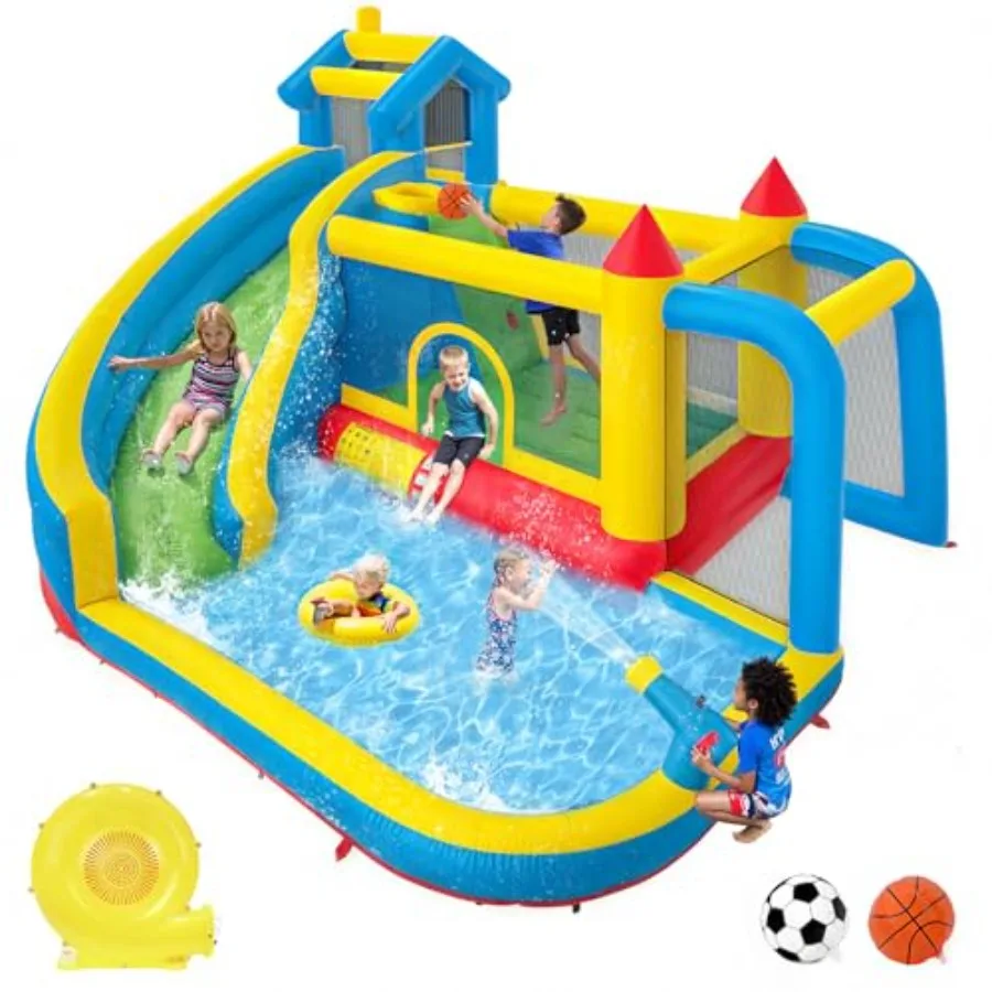 Casa gonfiabile per rimbalzo con scivolo d'acqua per cortile Parco gonfiabile gonfiabile 10 in 1 con parete da arrampicata Tiro al calcio Tramp da salto