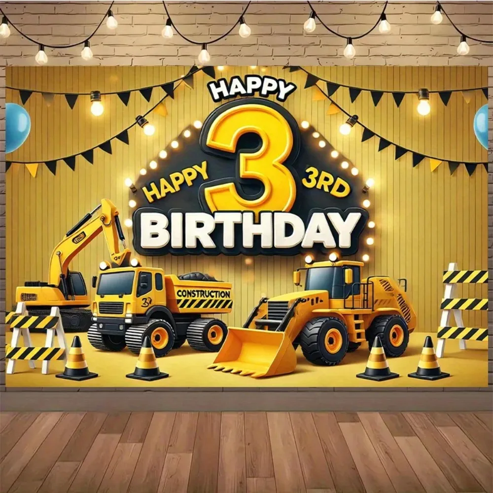 Happy 3rd Birthday Building Theme Background Banner, Excavator Construction Theme 3rd Birthday Party Photography Prop Background