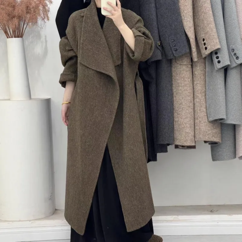 Autumn Winter New Wool Coat Women Double-Sided Cashmere Coat High-End Elegant Lace-Up Extended Woolen Women Coat