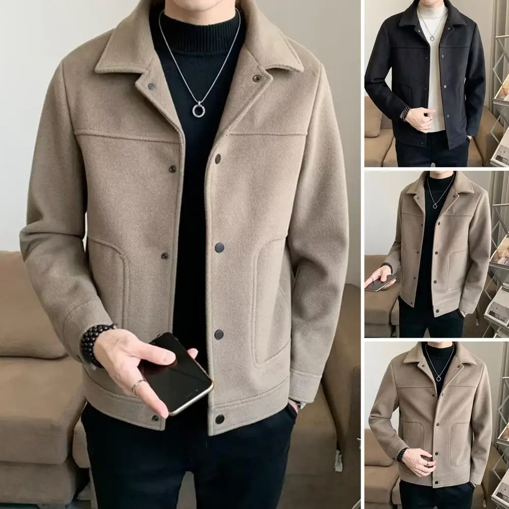 

Men Solid Color Jacket Men's Thick Cardigan Jacket with Turn-down Collar Single-breasted Design Warm Pockets for Fall for Men