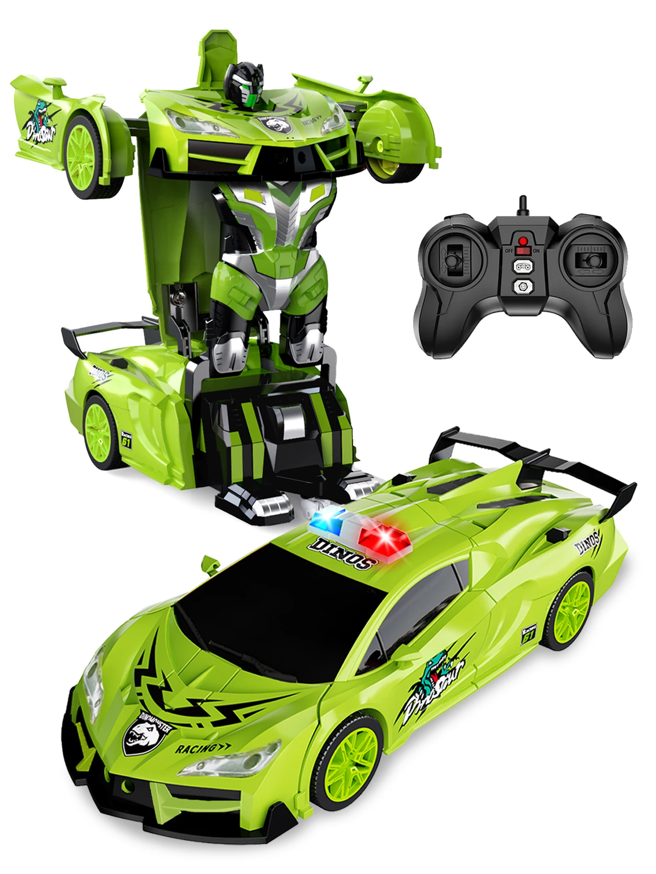 Dinosaur Themed Remote-Controlled Police Car Toy with LED Lights Transforming Robot with 360° Rotation for Boys Children's Birth