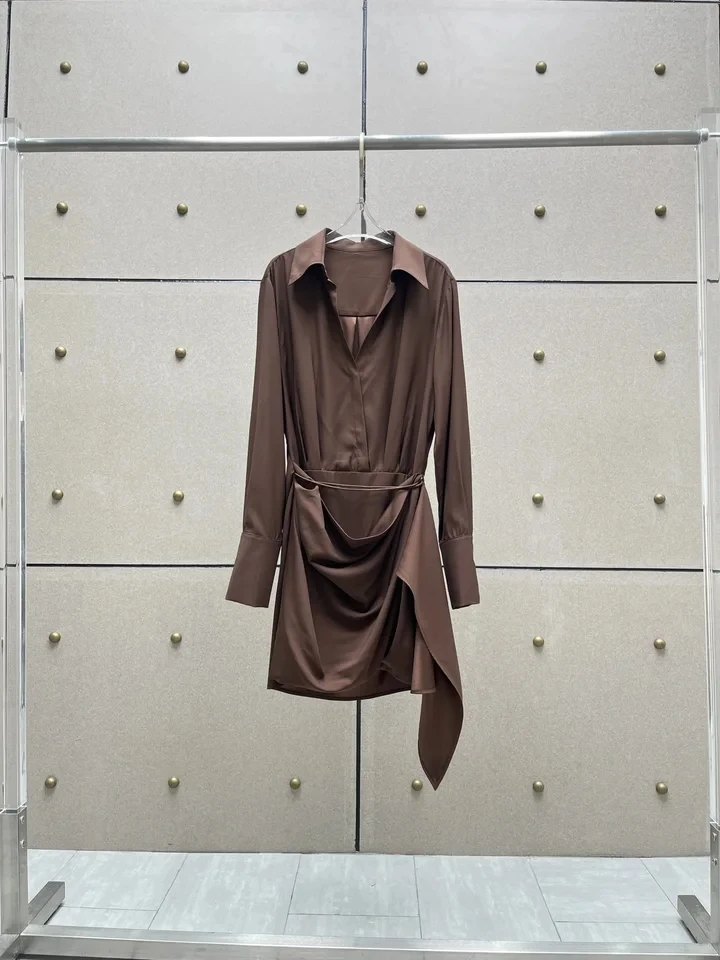 2024 new women's fashion long-sleeved lapel asymmetrical pleated dress