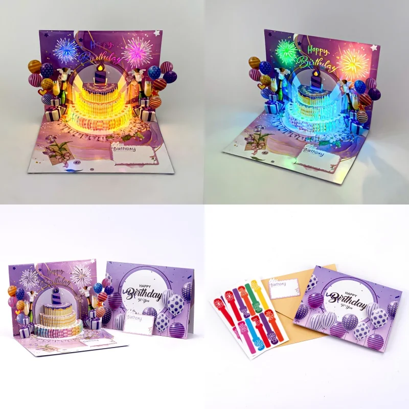 New Lighting Music Card Blowing Candles Make a Wish Birthday Greeting Card 3D Pop-up Cake Blessing Card Ornaments Birthday Gift