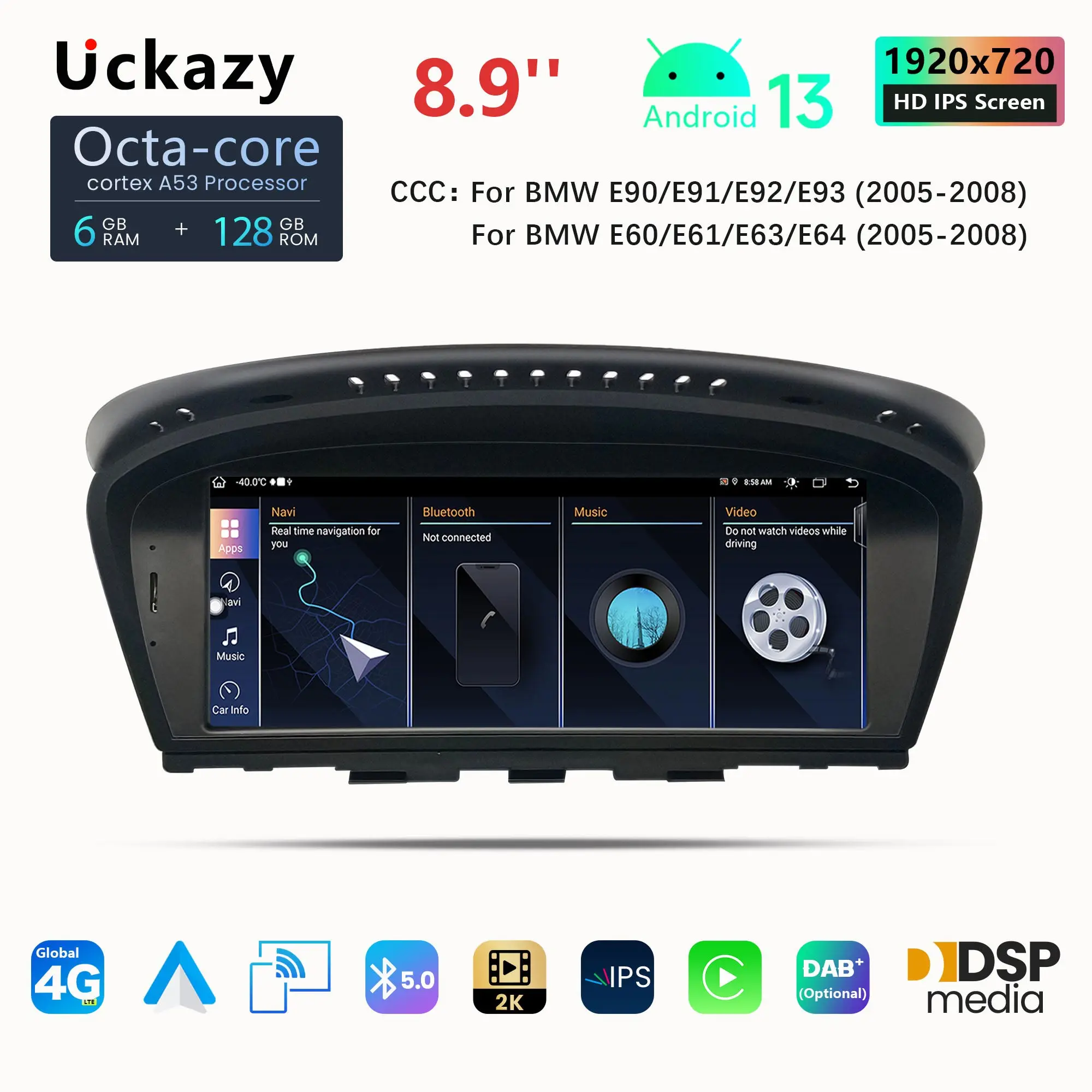 Uckazy 8 Core Android 13 Carplay Auto Multimedia Player For BMW 3/5 Series E60 E61 E63 E64 5 Series E90 E91 E92 E93 CCC CIC 128G