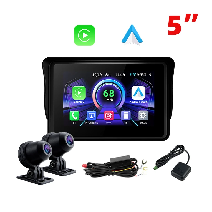 HOT Linux 5Inch IP67 WIFI BT4.2 Removable Motorcycle GPS Navigation Wireless CarPlay Android Auto Screen Mirroring Display DVR