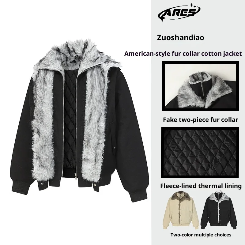 رجل أمريكي خمر الشتاء الصوف مبطن القطن معطف النسر التطريز وهمية قطعتين الفراء طوق سترة سترة #2