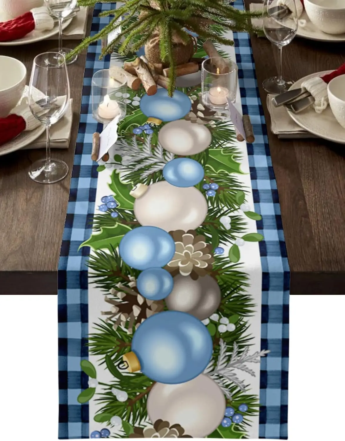 Boże Narodzenie Vintage Plaid Blue Winter Berry Blue Balls Lniane bieżniki na stół Dekoracje ślubne wielokrotnego użytku Dekoracje świąteczne 2025