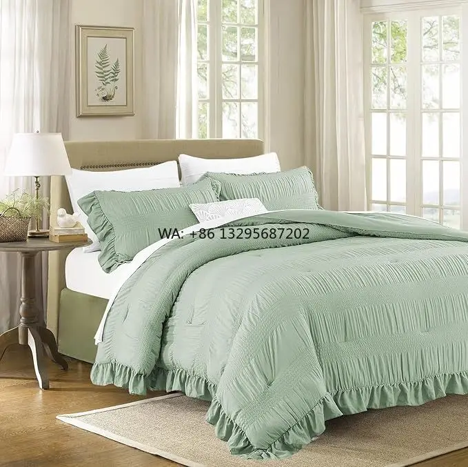 

Hot Sale Modern 3-Piece Quilt Cover Bedding Set with Seersucker Lotus Leaf Edge Comforter Set