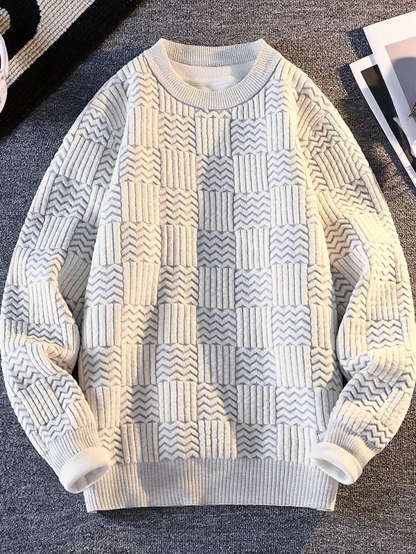 

Autumn 2025 Men's Plaid Knitted Sweater round Ne Casual Faionable Warm Elastic Polyester Long Sve Student Daily Wear
