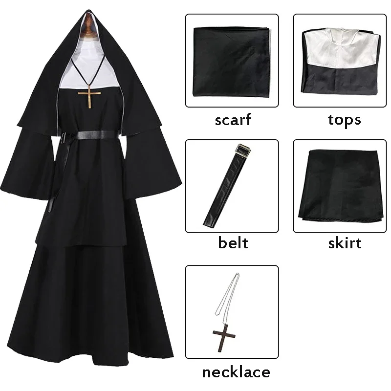 

Halloween The Nun Cosplay Costume Horror Films Cosplay Necklace Cross Ghost Costume The Conjuring Women Nun Priest Dress Outfits