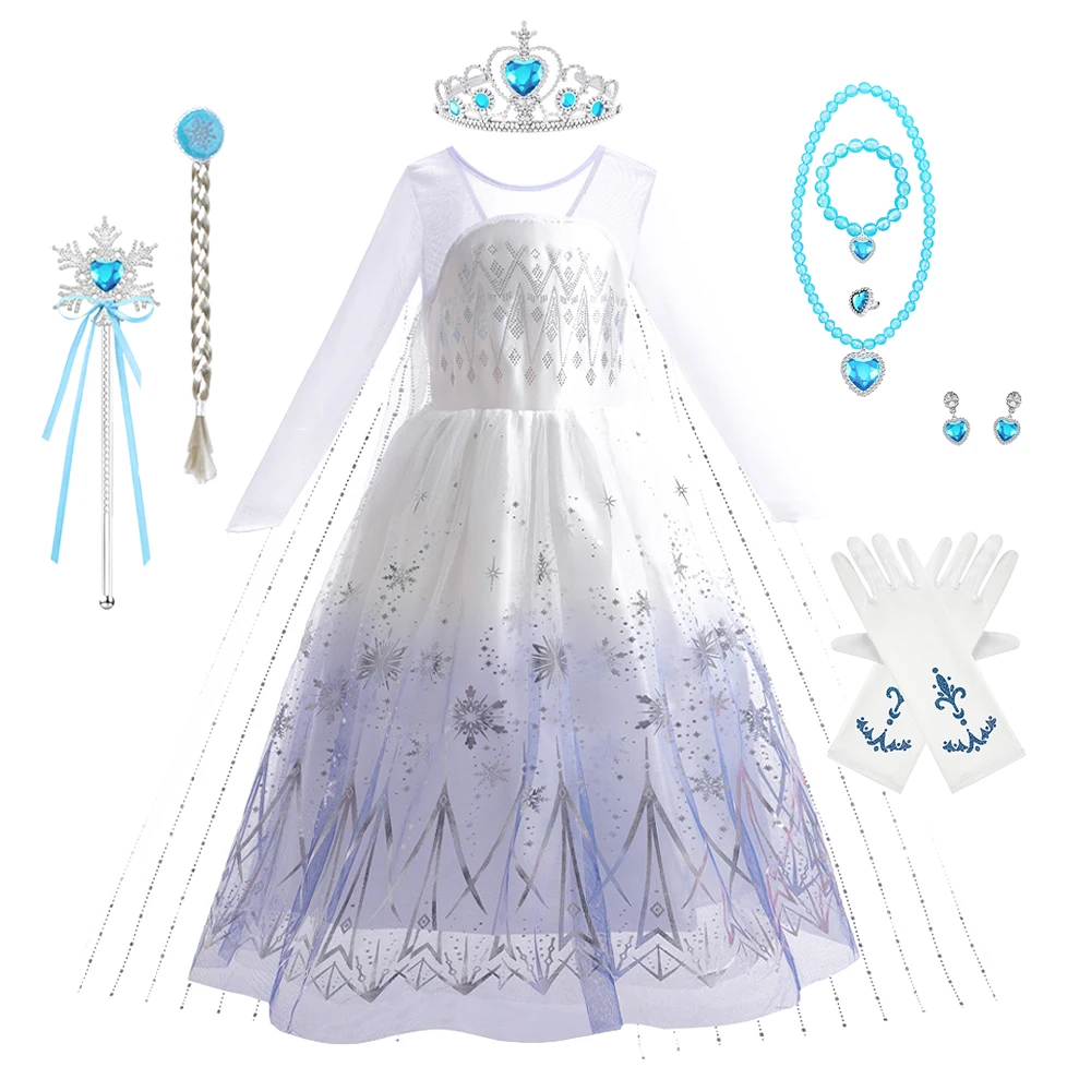 Elsa Dress For Girl White Printed Long-Sleeved Lace Dress Festive Party Gift Set Princess Costume Dresses Party Carnival Costume