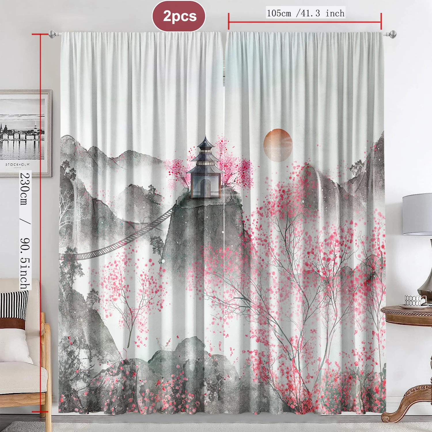 2PC Home Decoration Curtains, Bamboo Landscape Painting With Pole Bag Curtains, Kitchen,Coffee Shop, Living Room, Balcony