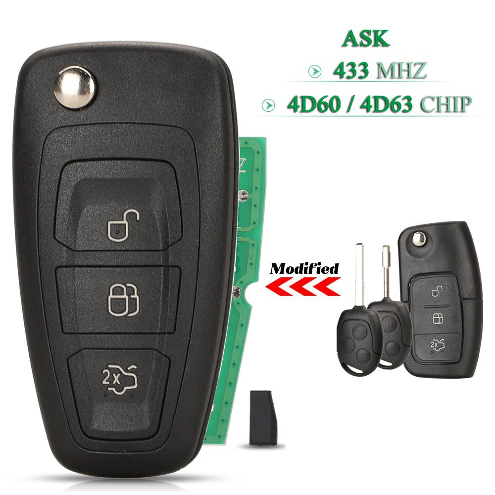 jingyuqin Zmodyfikowany zdalny kluczyk samochodowy ASK 433Mhz 4D60 4D63 Chip Fob do Ford Focus Mk1 Mondeo Transit Connect 3BNT Zamiennik