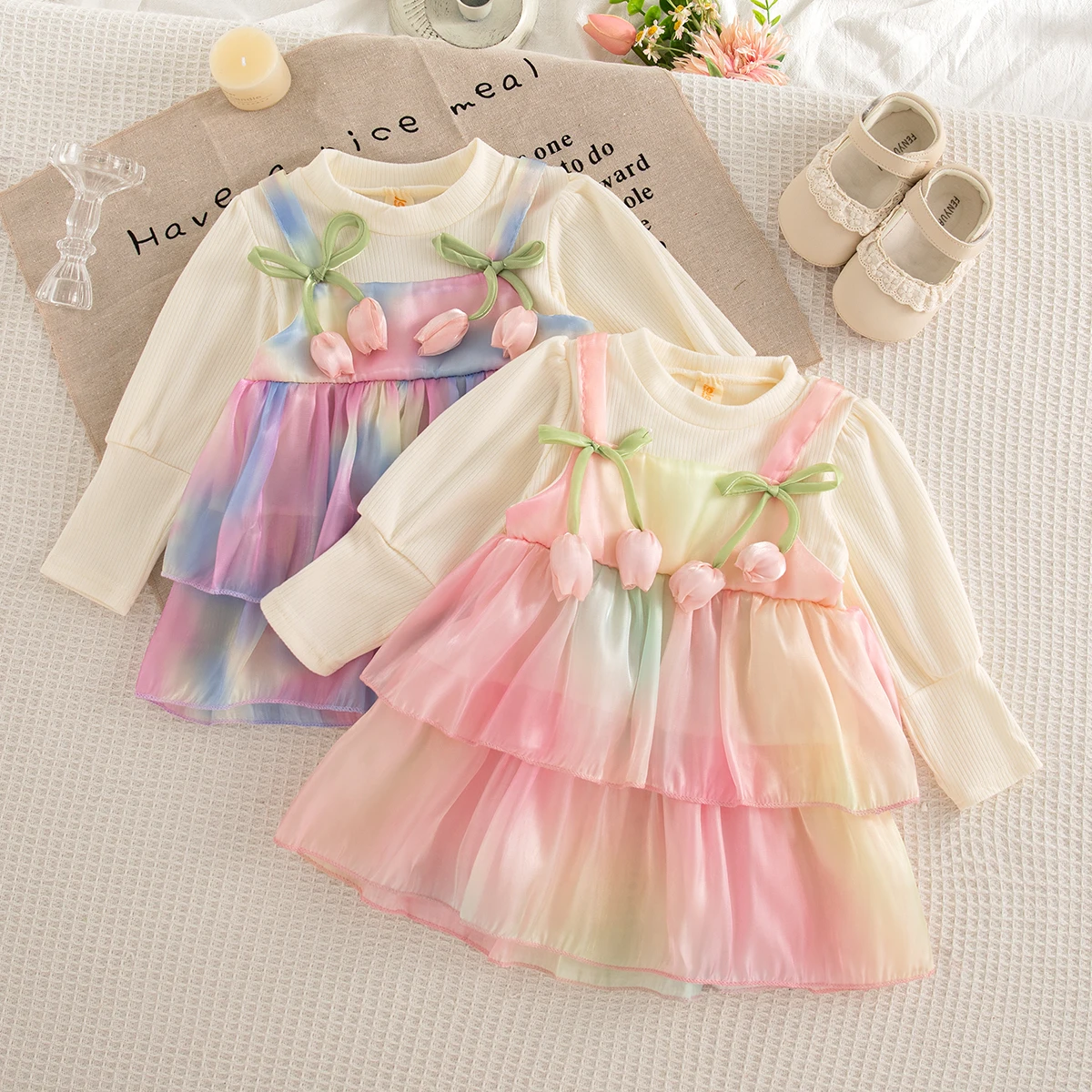 Baby Girl Dress Autumn/Winter Cotton Tulip Gradient Color Long Sleeved Girls Dresses Cute Casual Christmas Princess Dress