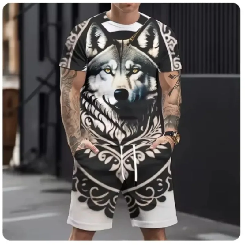 2025 hot selling refreshing style summer casual breathable ultra loose men's top men's casual 3D printed wolf pattern sports set